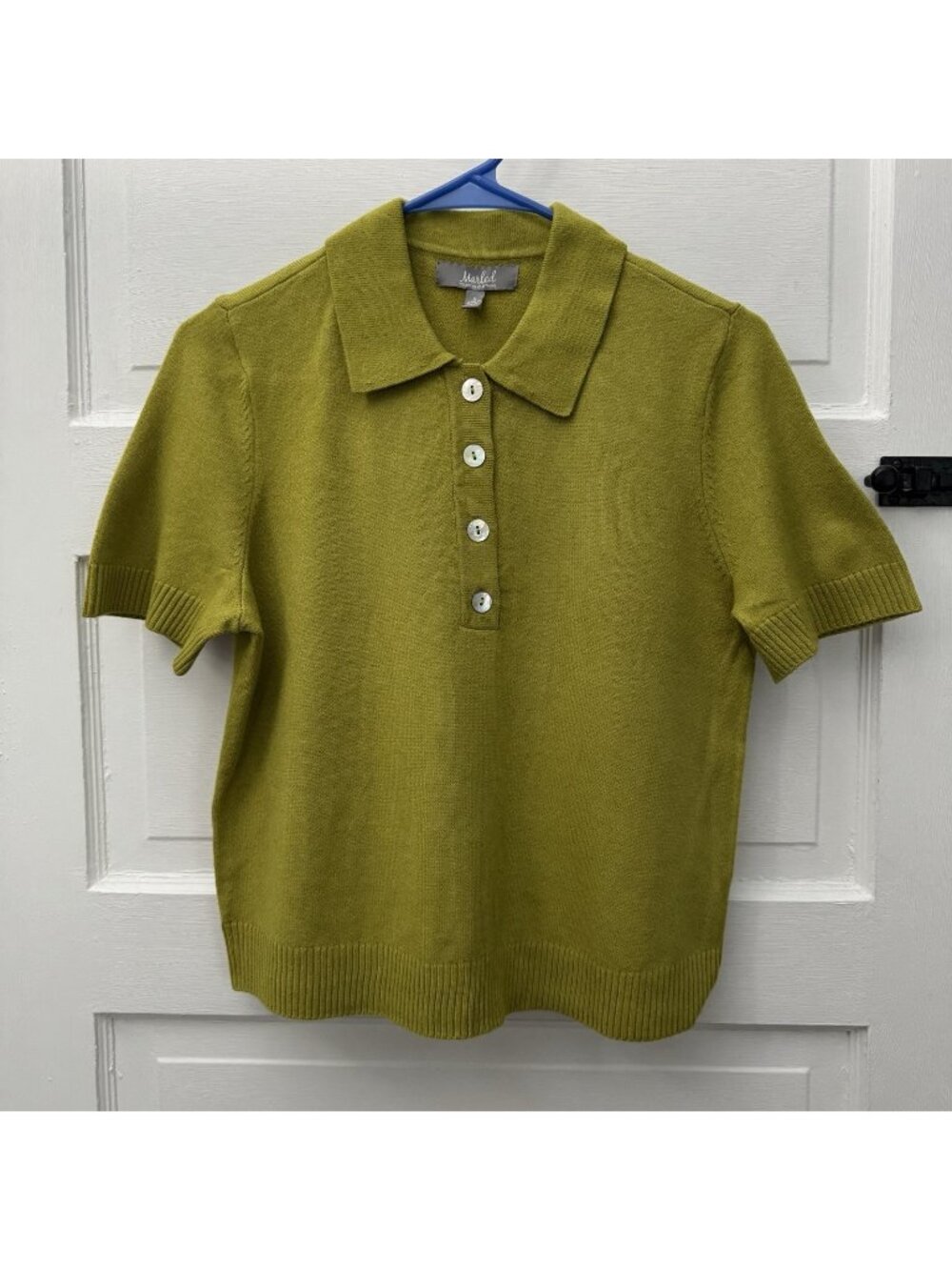 Marled Reunited Clothing S Olive Green Knit Polo Sweater Mother of Pearl